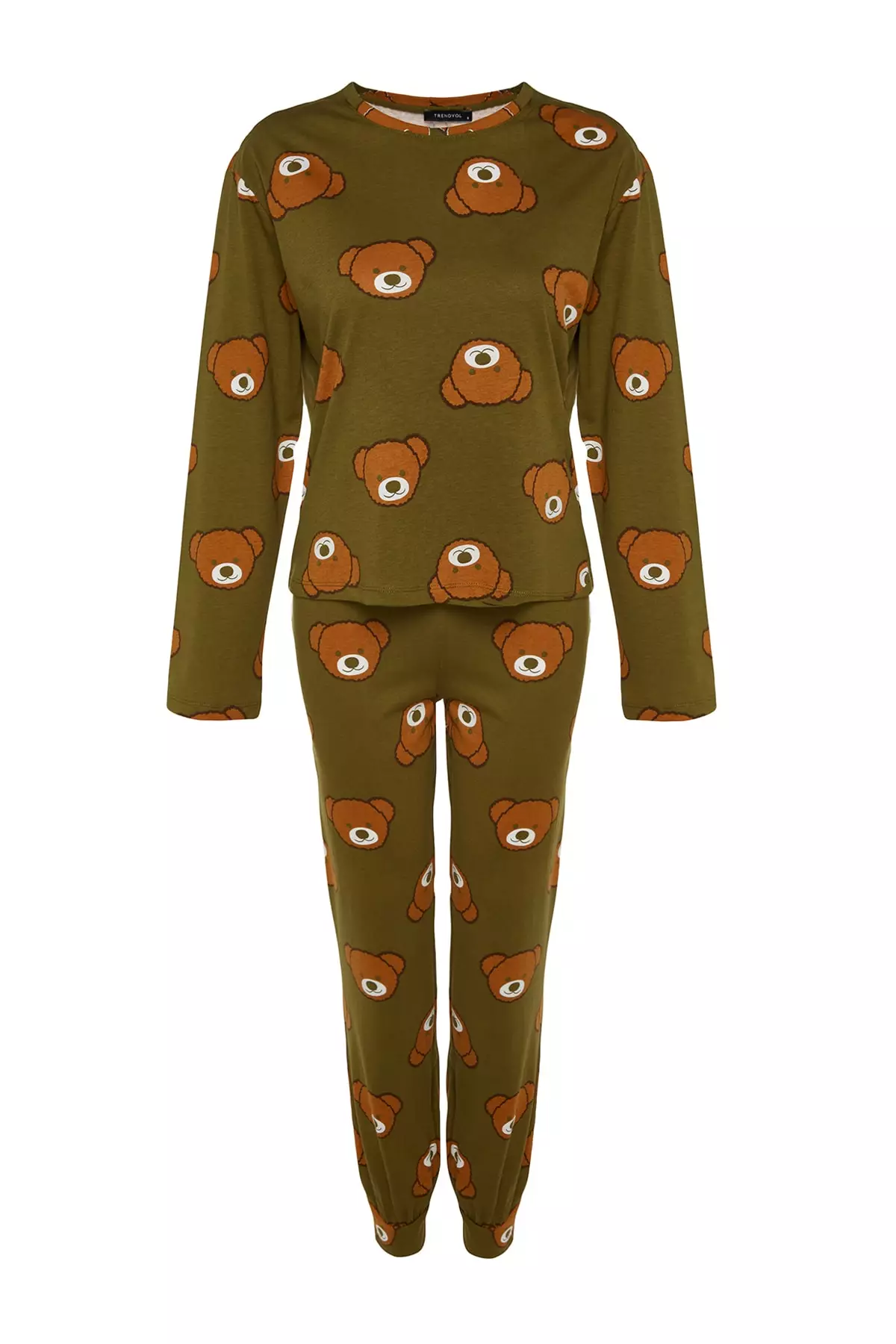 Khaki 100% Cotton Teddy Bear Patterned Knitted Pajama Set THMAW23PT00514