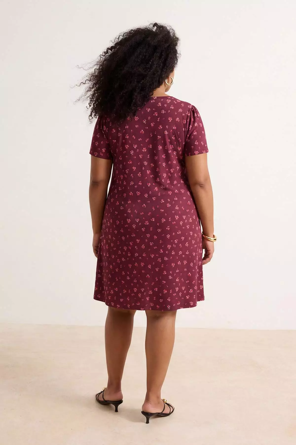 Burgundy Floral Printed Wrinkled V-Neck Knitted Plus Size Dress Tbbss26Ah00178