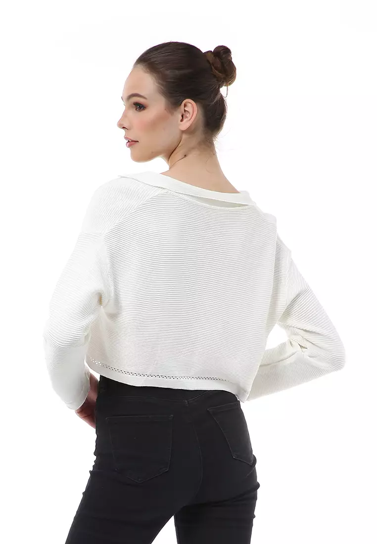 Albertine Atasan Crop Wanita Lengan Panjang Blouse Vneck Motif Polos Material Rajut ORIGINAL - White