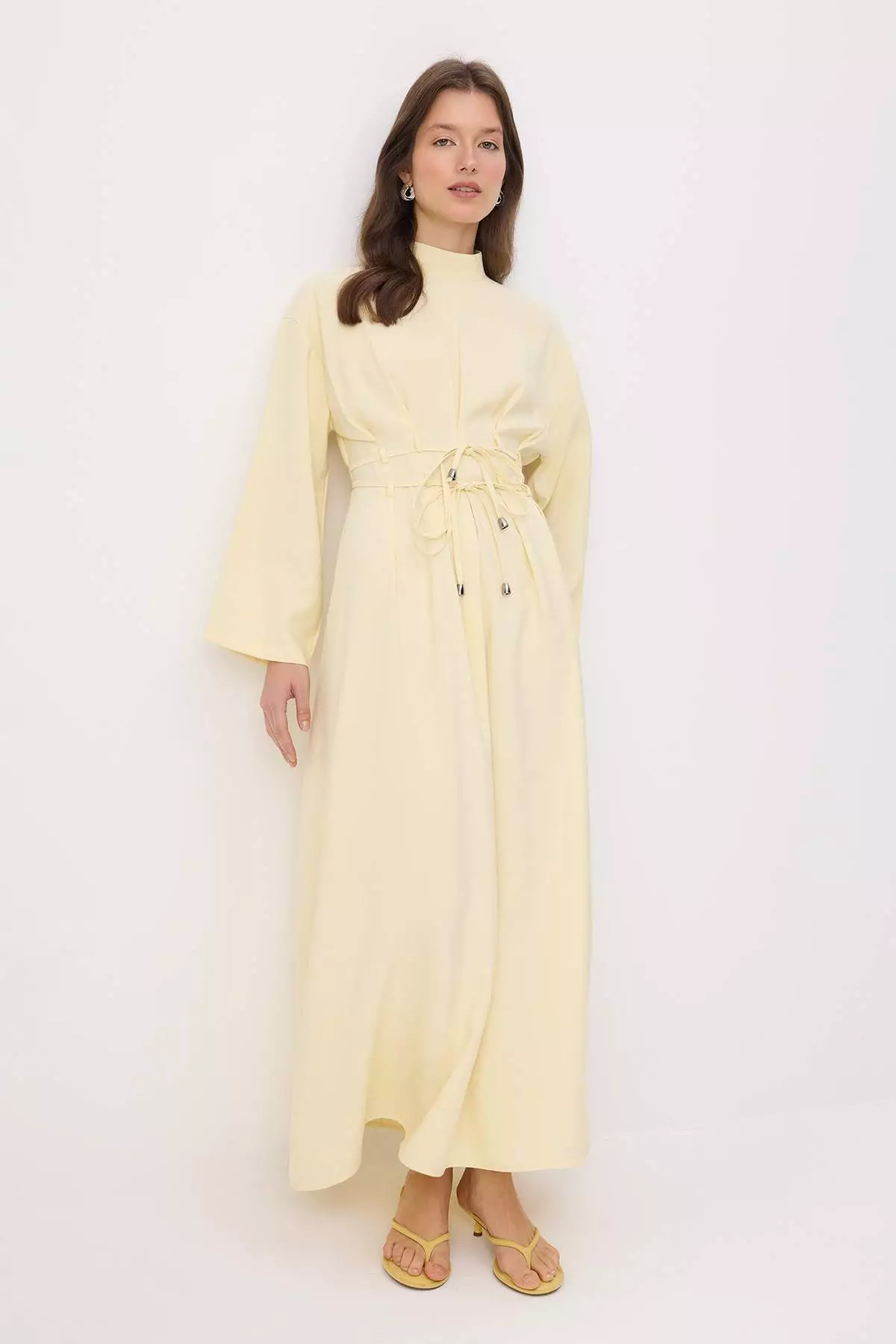 Light Yellow Double Layer Lace Detail Maxi Woven Hijab Dress Tctss26Eb00177