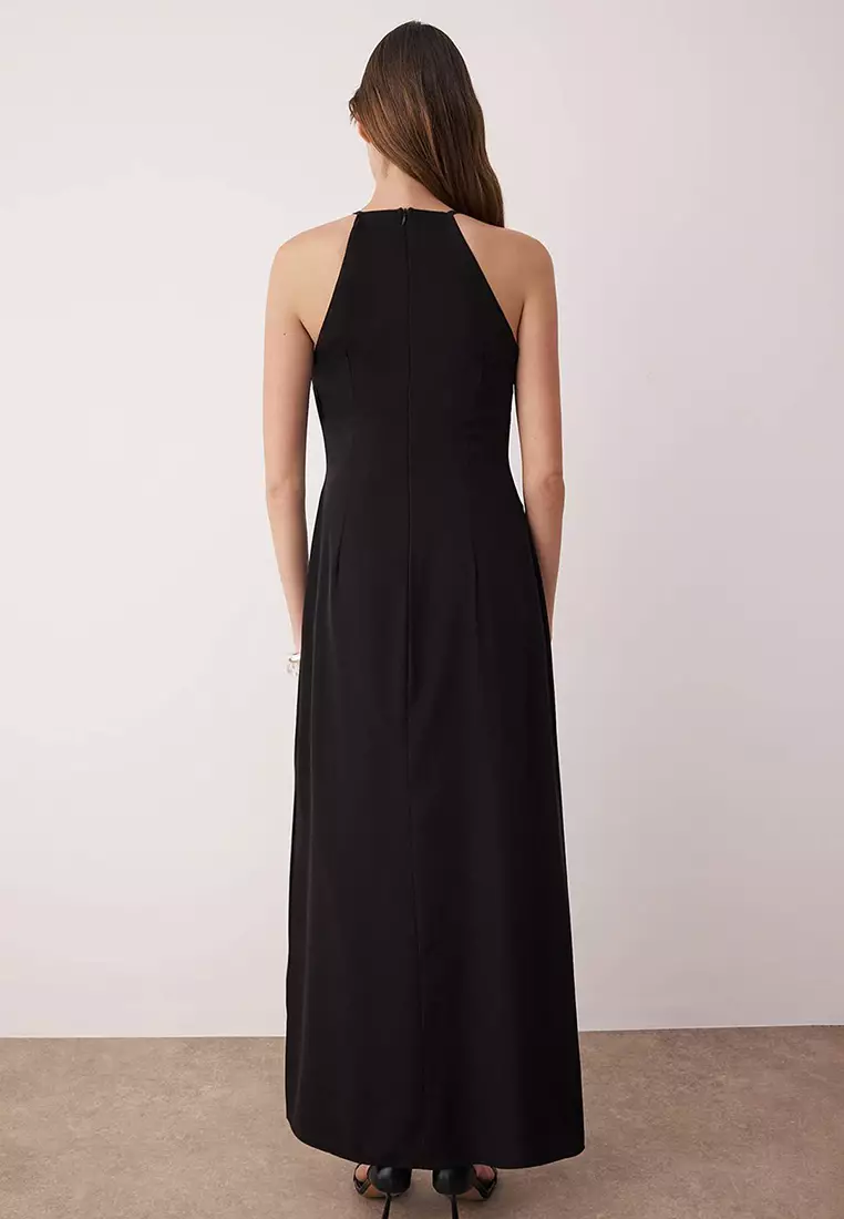 Black A-Line Slit Maxi Woven Dress
