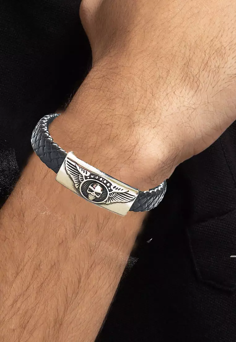 Braided Skull On Wings Bracelet