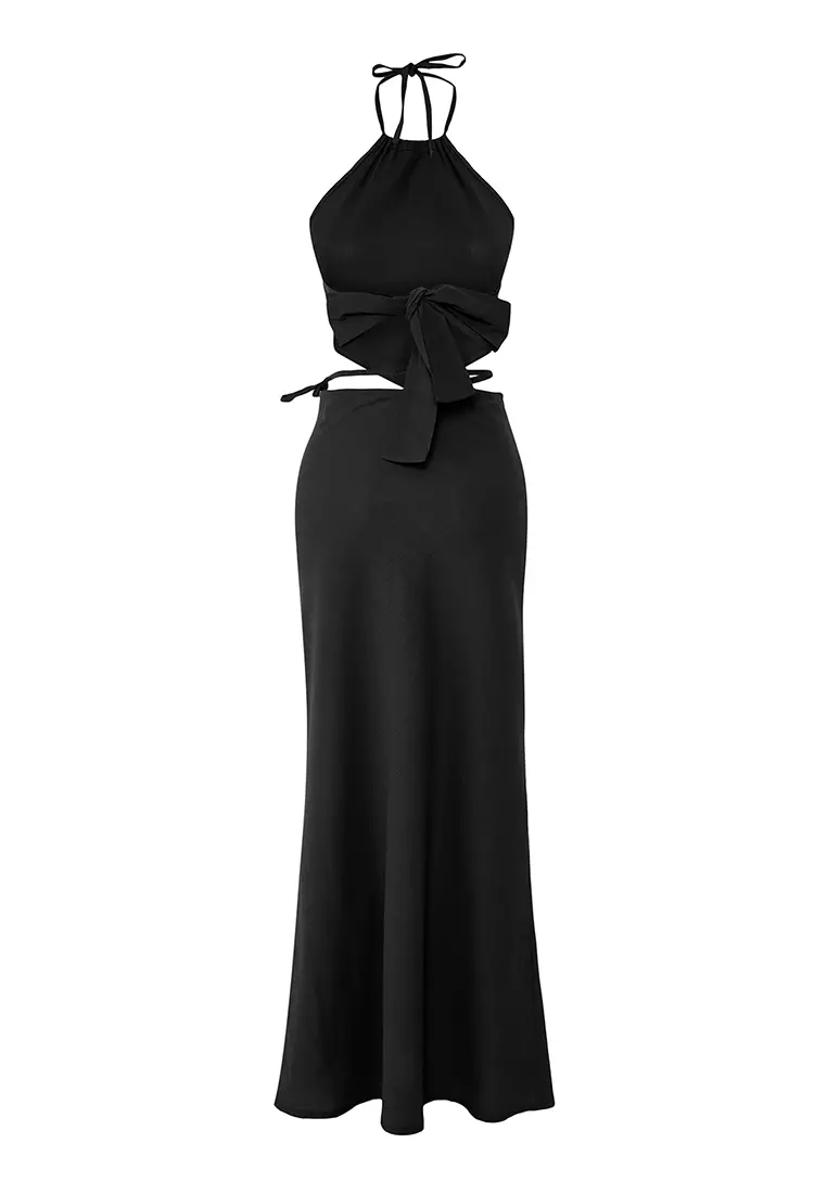 Black Woven Halter Back Detailed Beach Blouse Skirt Set Tbess25Au00089