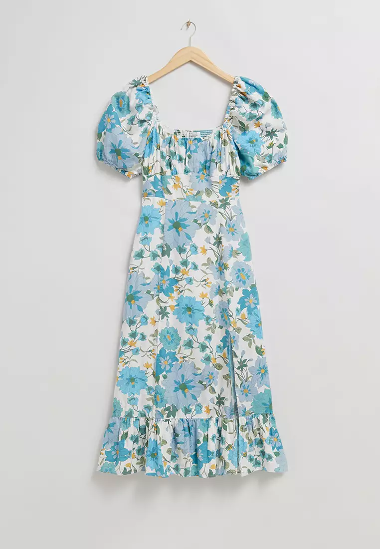 Puff Sleeve Linen Midi Dress