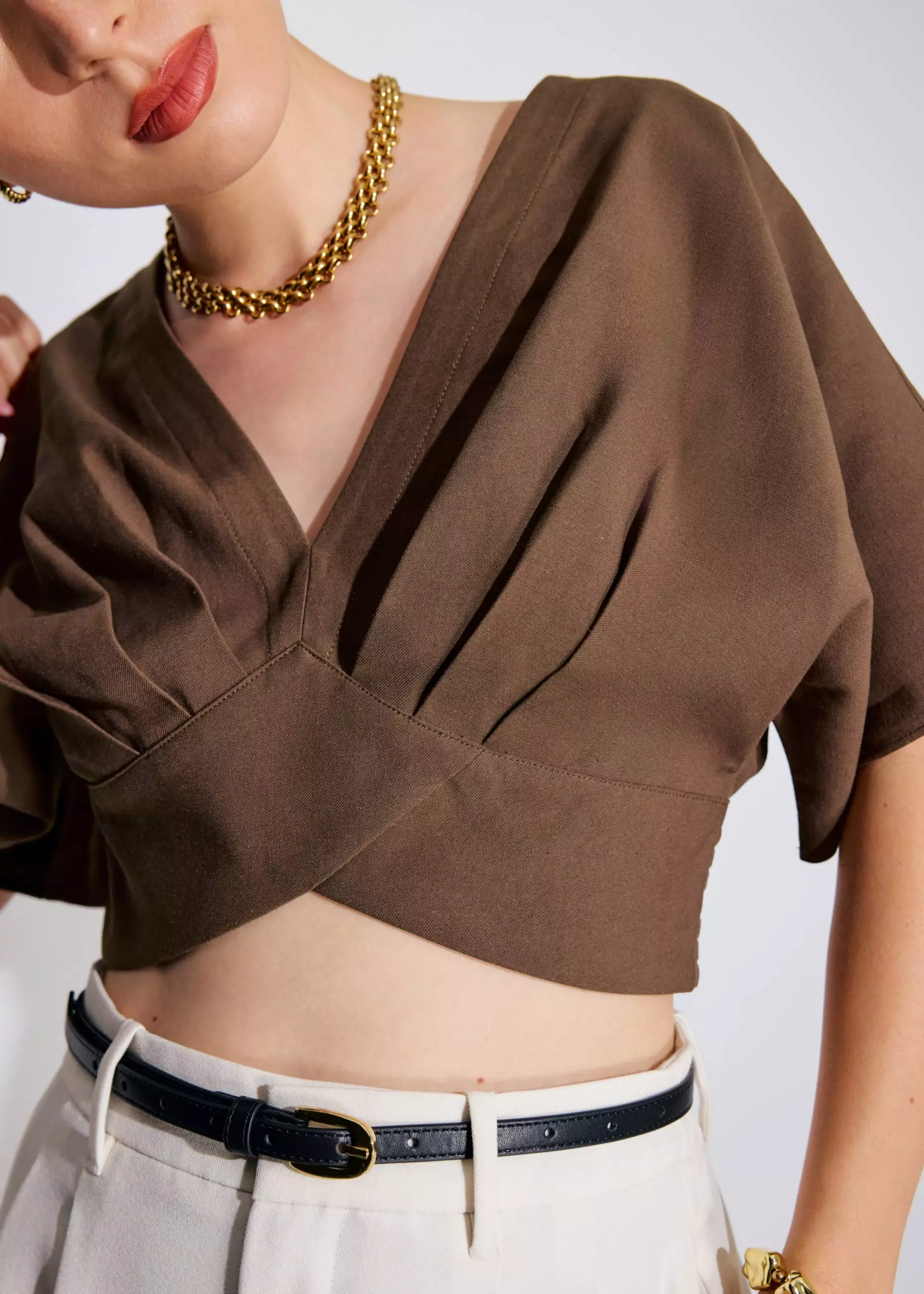 Atasan Wanita - V-neck Kimono Sleeve Crop Top