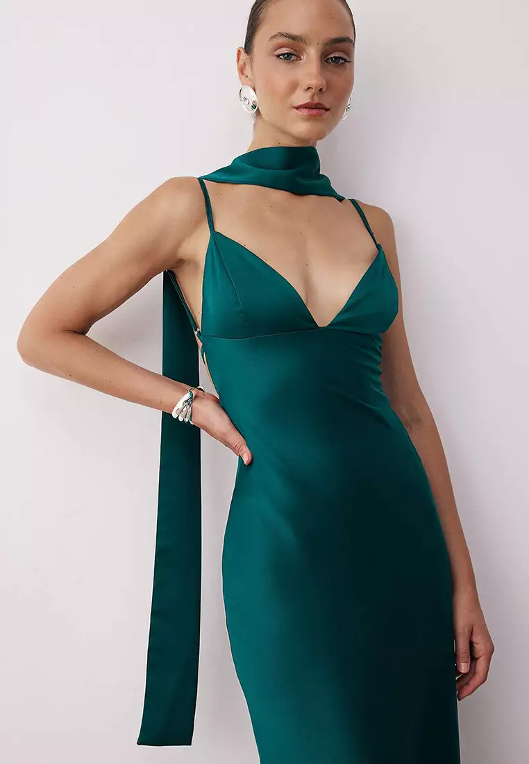 Shawl Detailed Satin Maxi Evening Dress