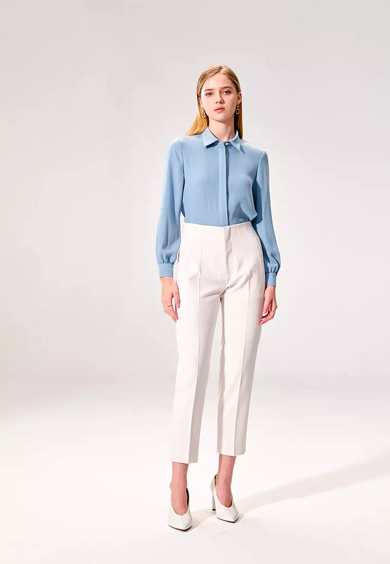 Sky Blue Pleated Cuffs Long Sleeve Top