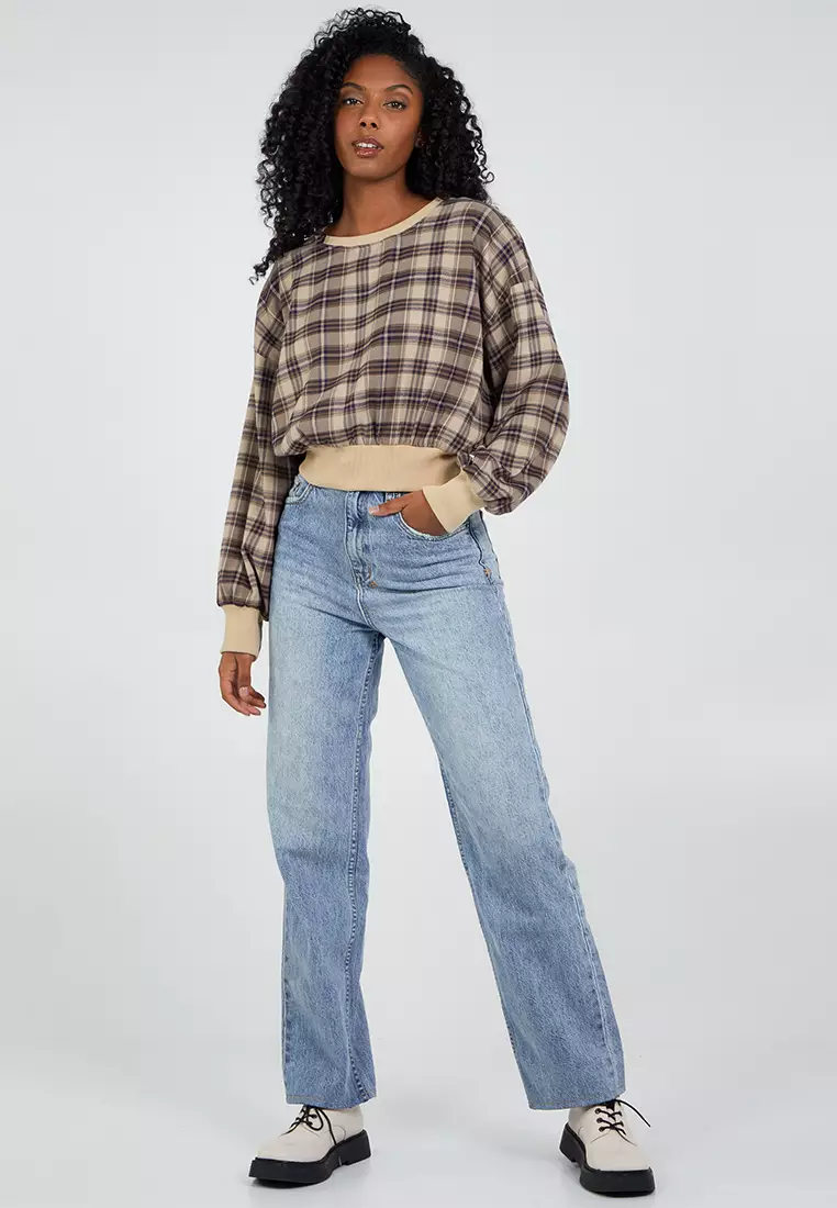 Pink Vanilla Brown Oversized Cropped Check Sweatshirt