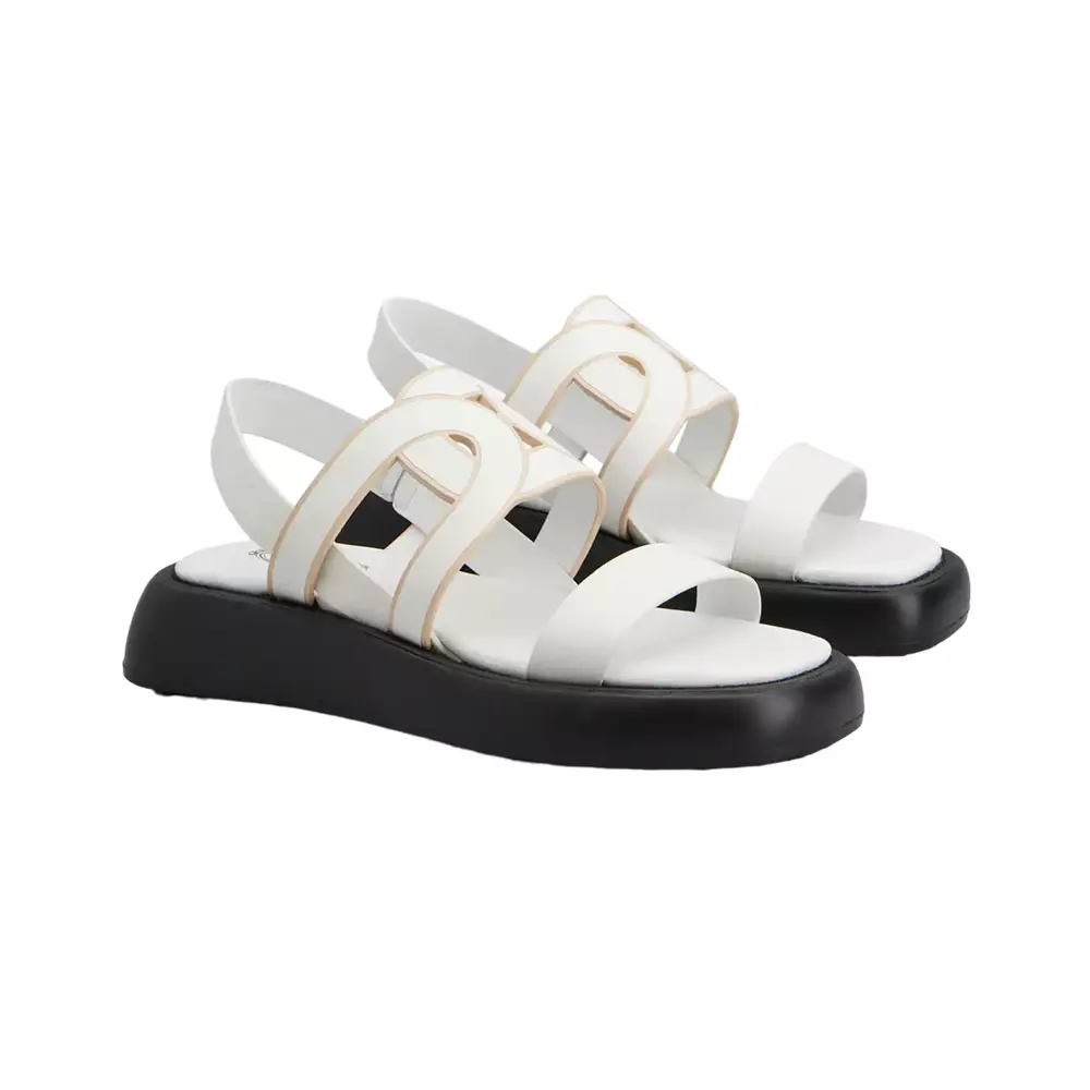 [4.4PRIL KEJUTAN HARGA] Chain Cut-Out Calfskin Leather Kate Sandals Cream
