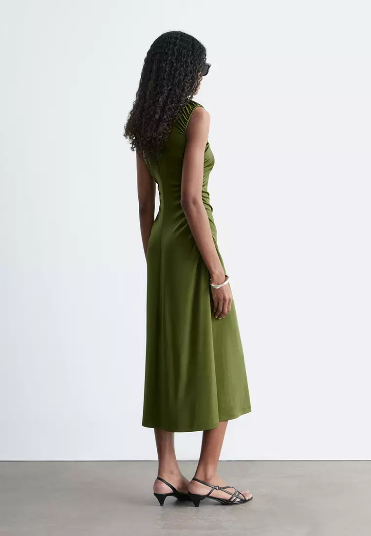 Ruched Keyhole-Neck Midi Dress