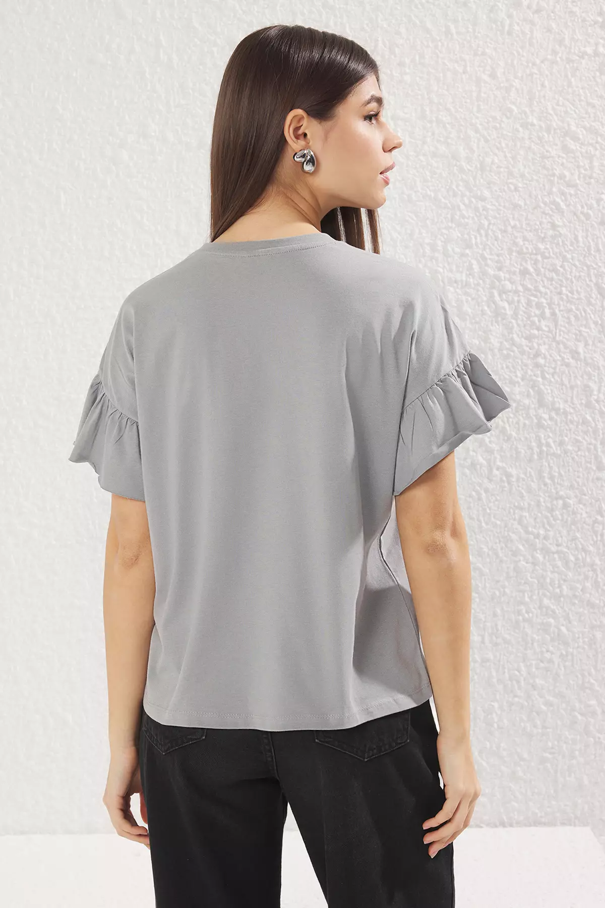Ruffle Detailed Crew Neck T-Shirt