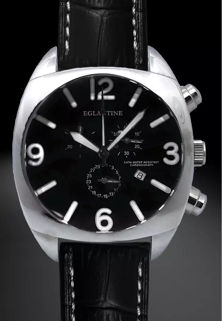 XXL Big Bubble Men's Chronograph Stainless Steel Quartz Watch, 47x45mm, Black Dial, Black Leather Strap