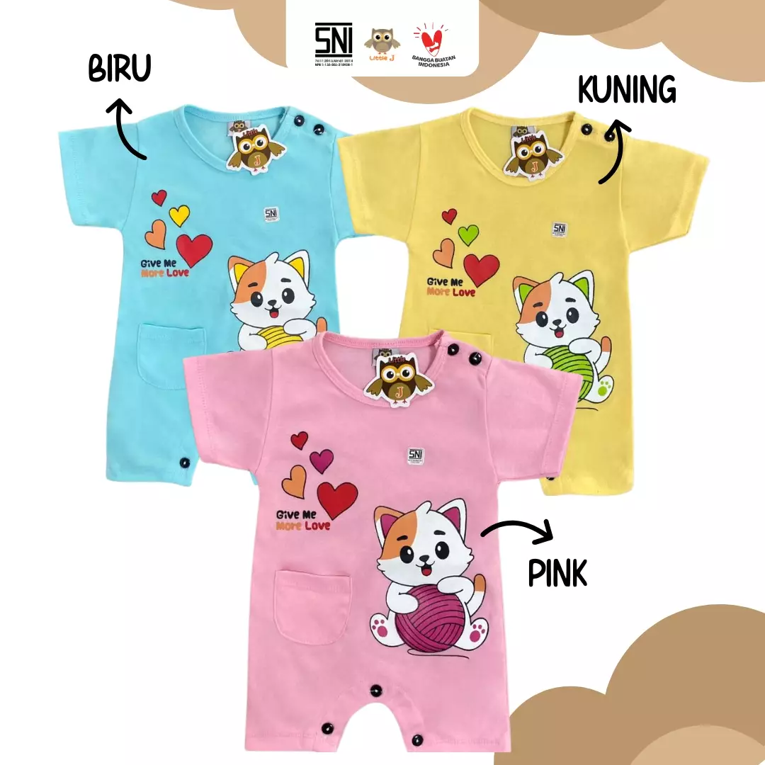 Little J - (938B) Romper Bayi Lucu Motif Kucing Give Me More Love Bahan Adem Nyaman All Size 0-9 Bulan Baju Bayi Lengan Pendek Premium