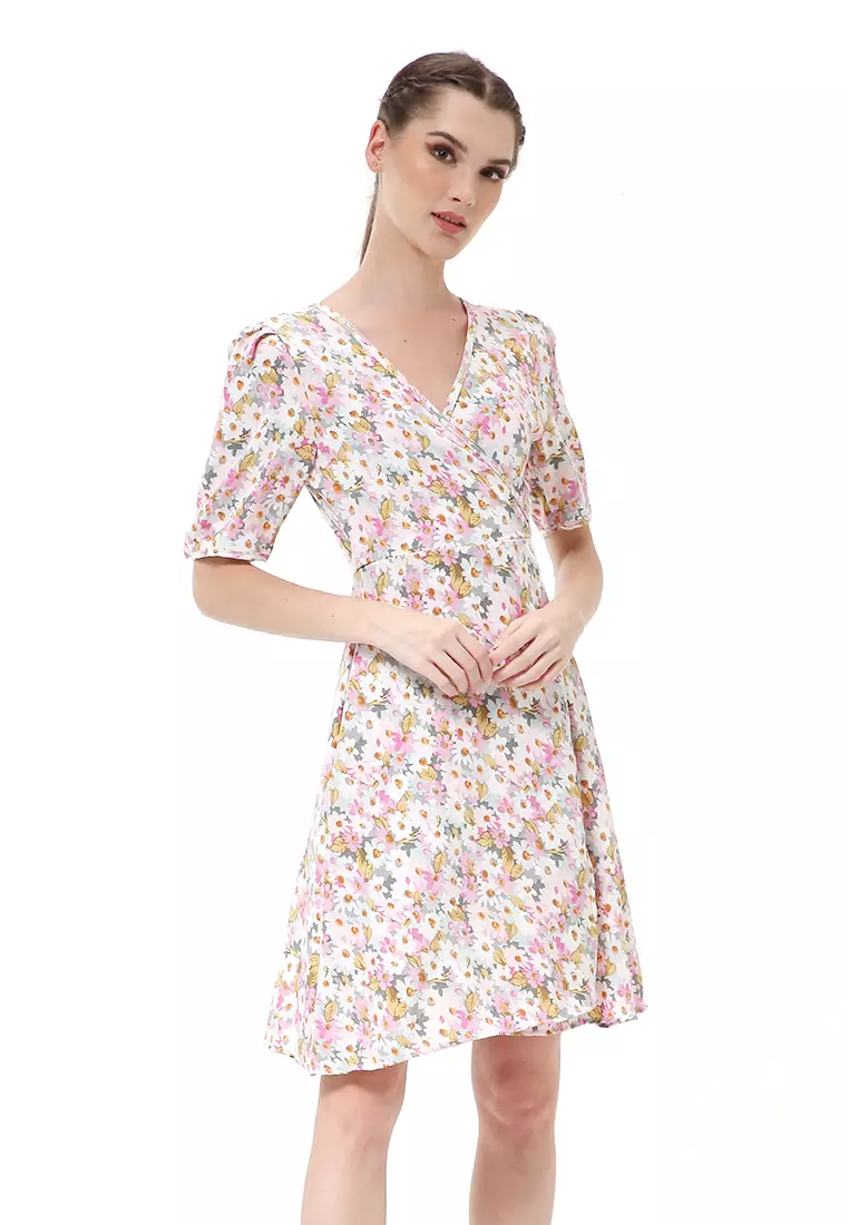 Rachel Dress Wanita Lengan Karet Flower Motive Model Belah Samping Material Cotton ORIGINAL - Pink