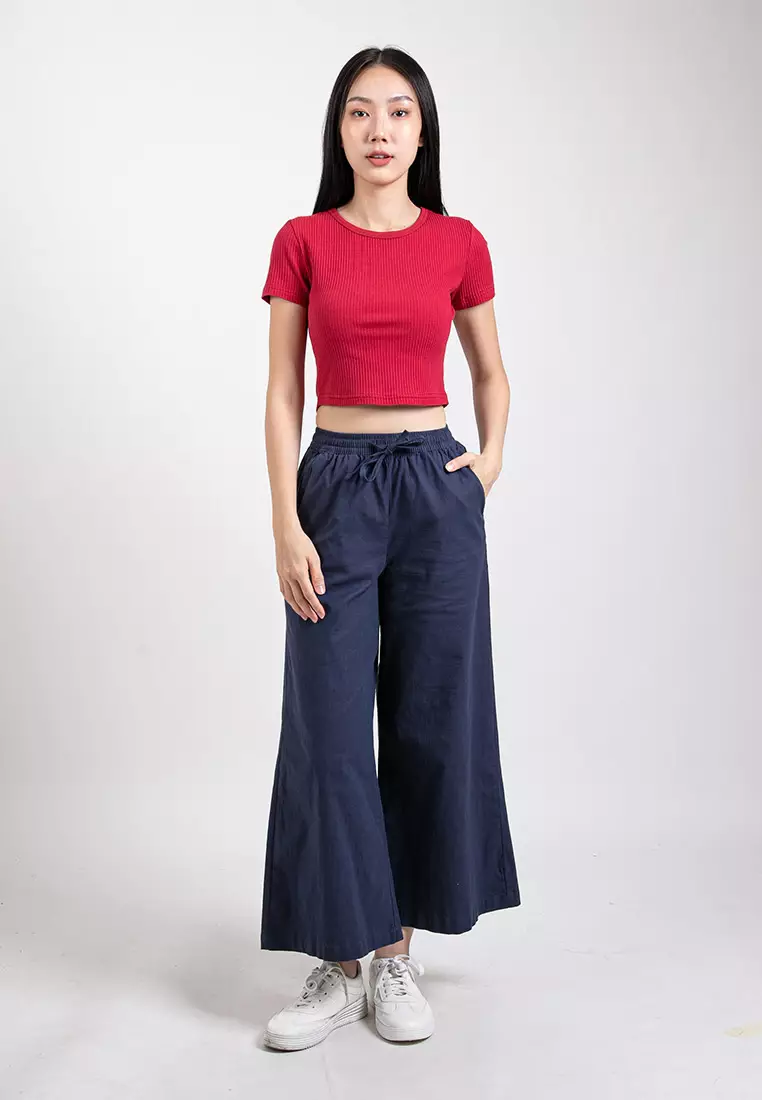 Forest Ladies Stretchable Cotton Linen Elastic Waist Wide Leg Pants Women Long Pants | Palazzo - 810473-33Navy