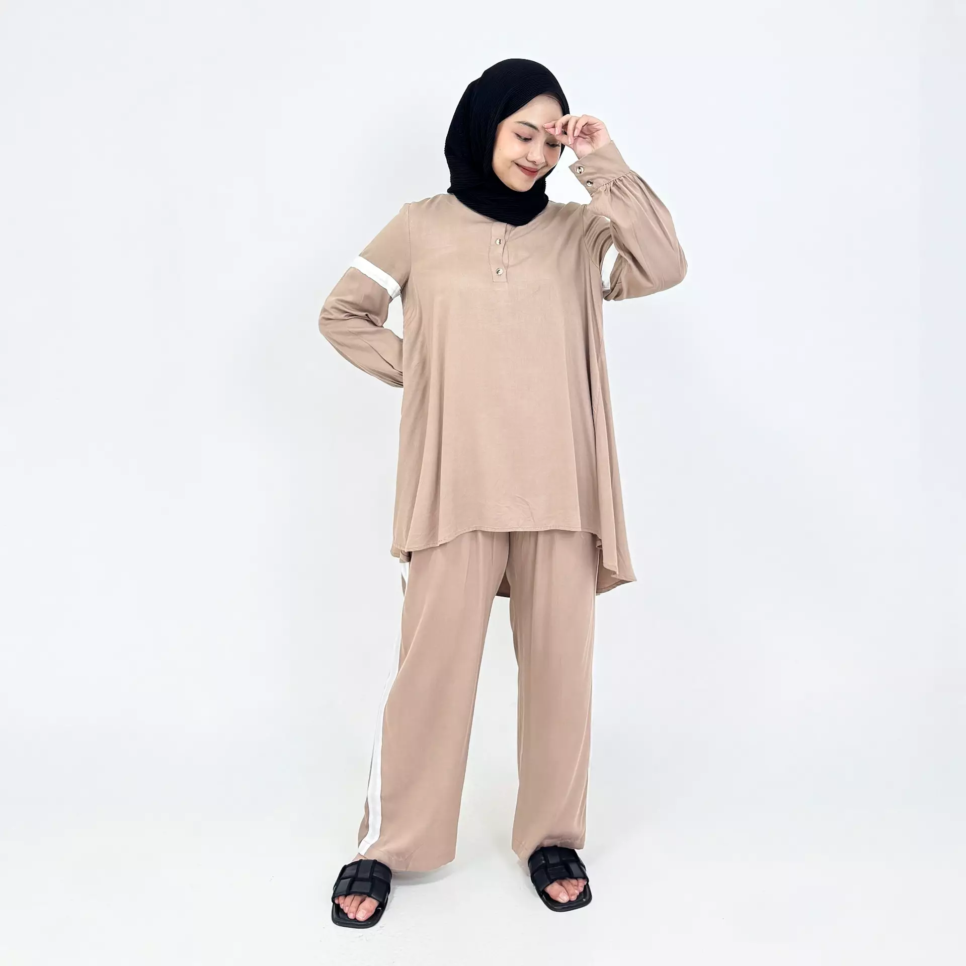 Piyama Cotton Ica [COKLAT] SIZE L-XL Baju Tidur Long Sleeve Long Pants Sleepwear