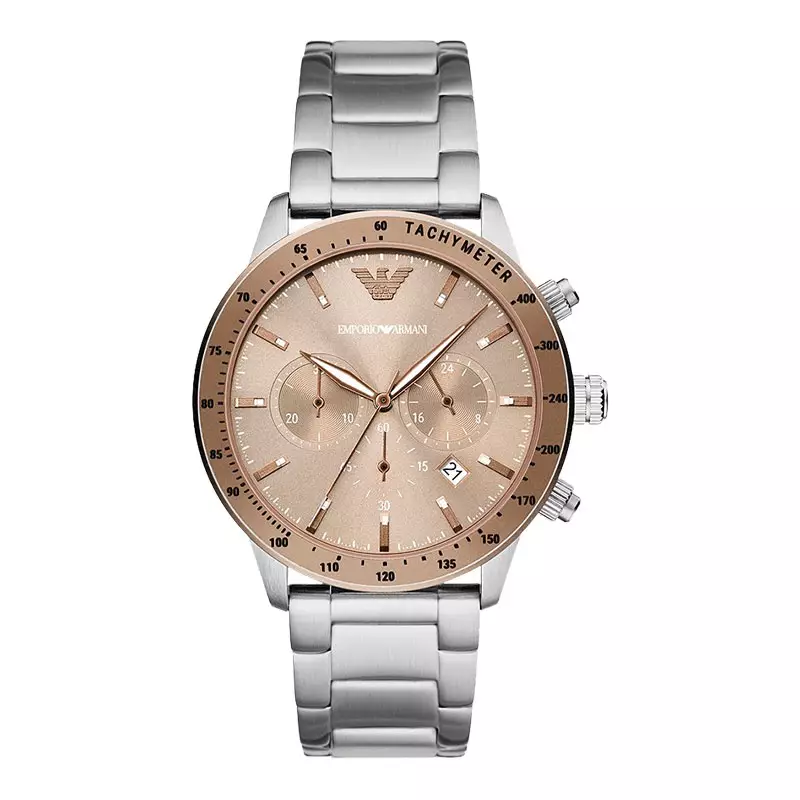 Jam Tangan Pria Emporio Armani AR11352 Chronograph Beige Gold Dial Silver Stainless Steel Strap