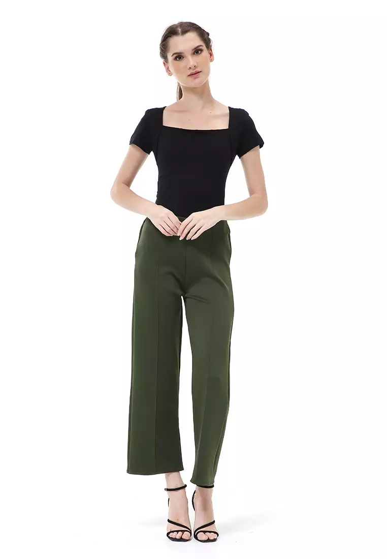 Stella Celana Kerja Wanita Long Pants Kulot Simple Design Material Scuba ORIGINAL - Army Green