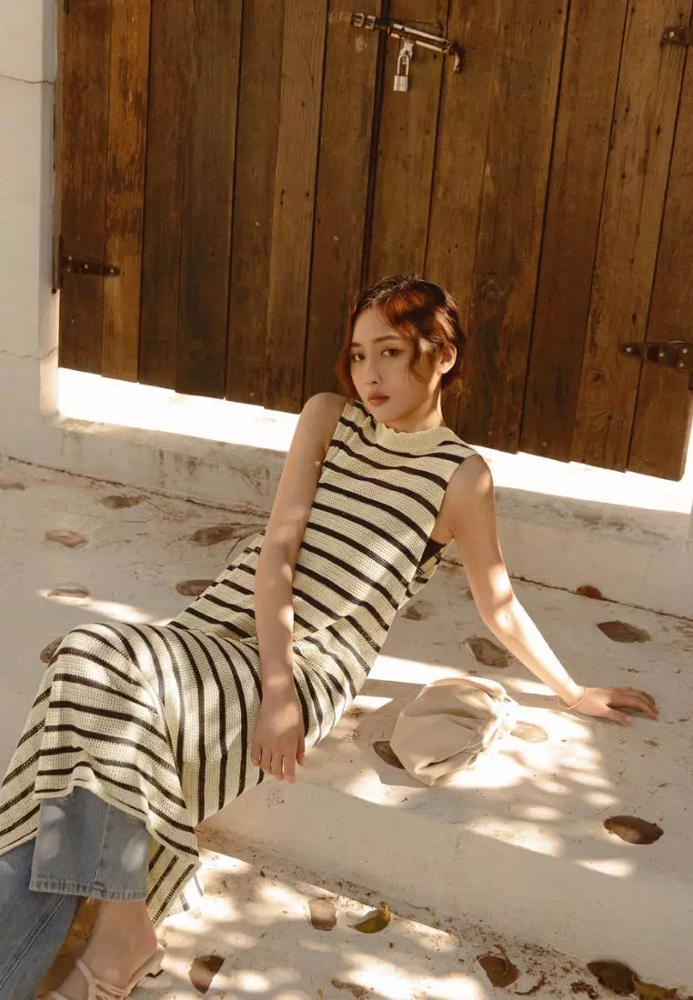 Hollow-Out Knitted Sheer Striped Sleeveless Maxi Dress [FA2745]
