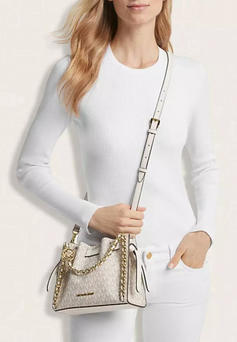 Michael Kors Mina Small Signature Logo Chain Crossbody Bag Light Cream Multi