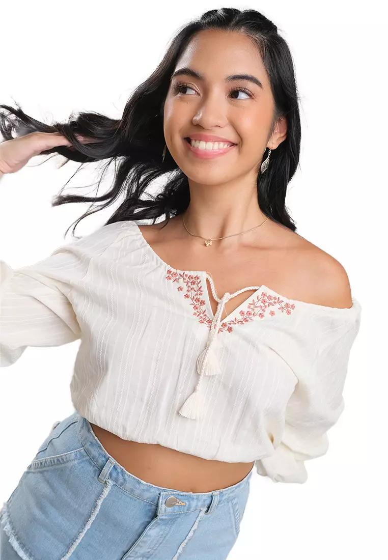 Textured Peasant Top With Embroidery And Braided Cord