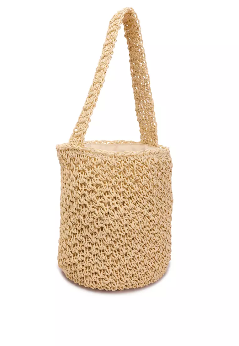 Tas Satchel Jerami Tenun dalam Warna Krem
