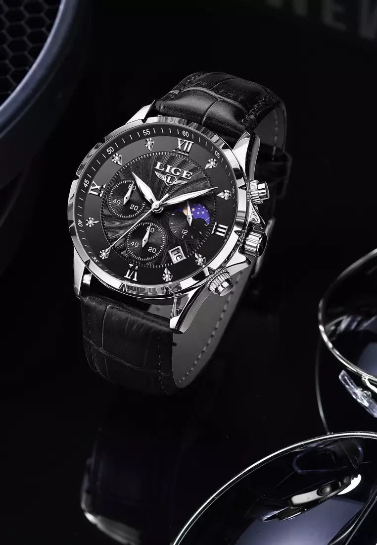 Chronograph Unisex Stainless Steel Quartz Watch, Black dial, Black Leather Strap