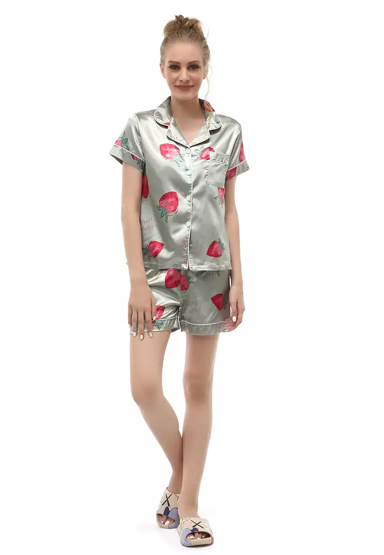 Vance Piyama One Set Baju Tidur Wanita  Celana Pendek Motif Strawberry Material Satin ORIGINAL - Tosca
