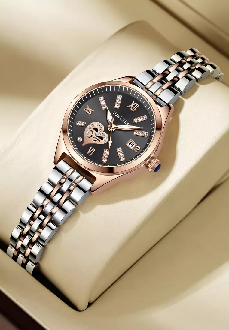 Jam Tangan Wanita 6000 Calendar Berlian Elegan Santai Jam Tangan Cewek roseblack