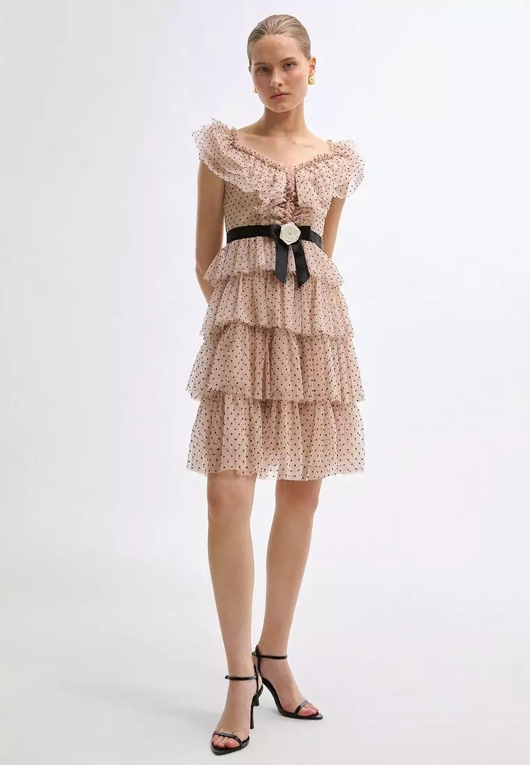 Ruffled Polka Dot Dress - Light Pink