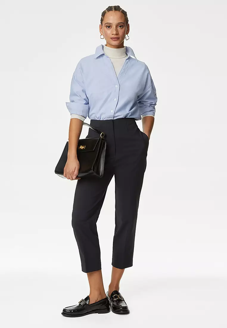 Cotton Blend Slim Fit Cropped Trousers