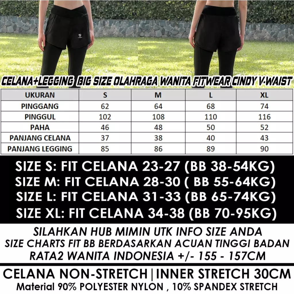 Fitwear - Celana Pendek + Legging Olahraga Wanita Big Size CINDY CROSS WAIST - BLACK