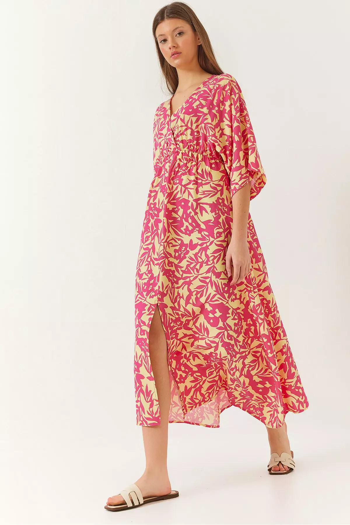 Women's Double Breasted V Neck Front Slit Detail Print Dress 60261411