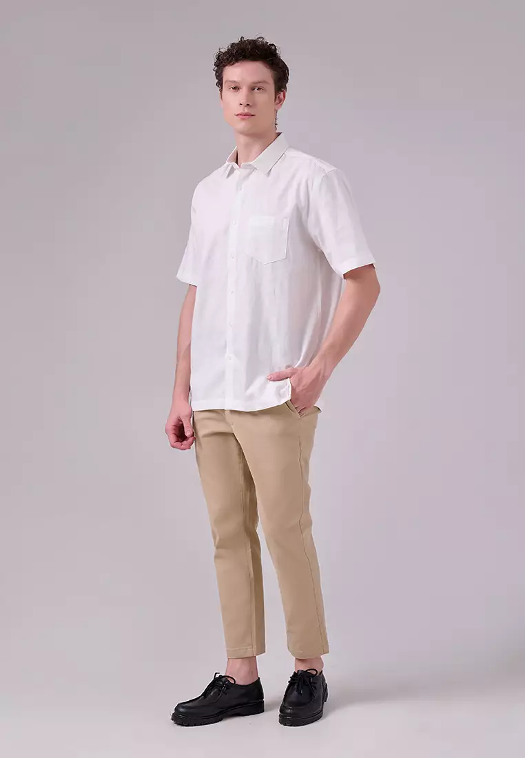 MANZONE - Kemeja Dobby Lengan Pendek Pria Janis Comfort Fit - White Warna White