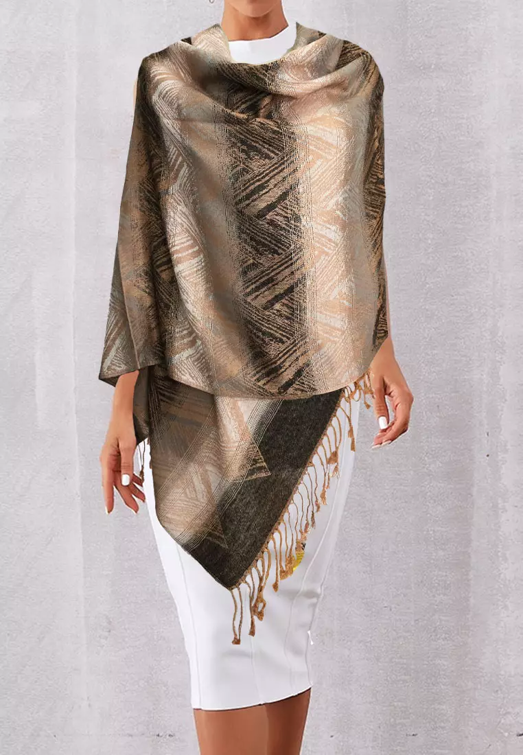 Aksesoris Wanita Viscose Waves Pattern Pashmina Shawl Syal Wanita Charcoal Black