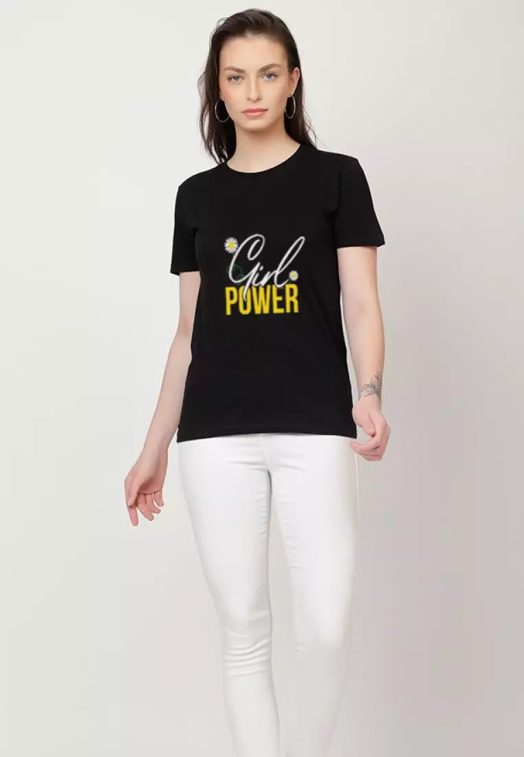 Girl Power Relaxed Short Sleeve Stylish Black Cotton Casual Graphic Print Tee/TShirt