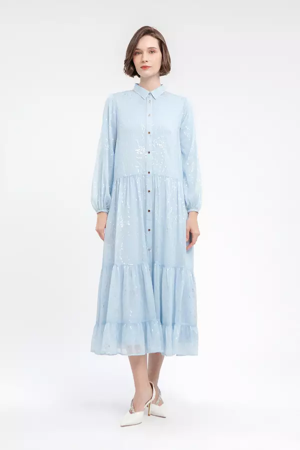 MINIMAL - Triny - Gaun Ruffle Bunga Metalik - Blue Colour Blue_Light