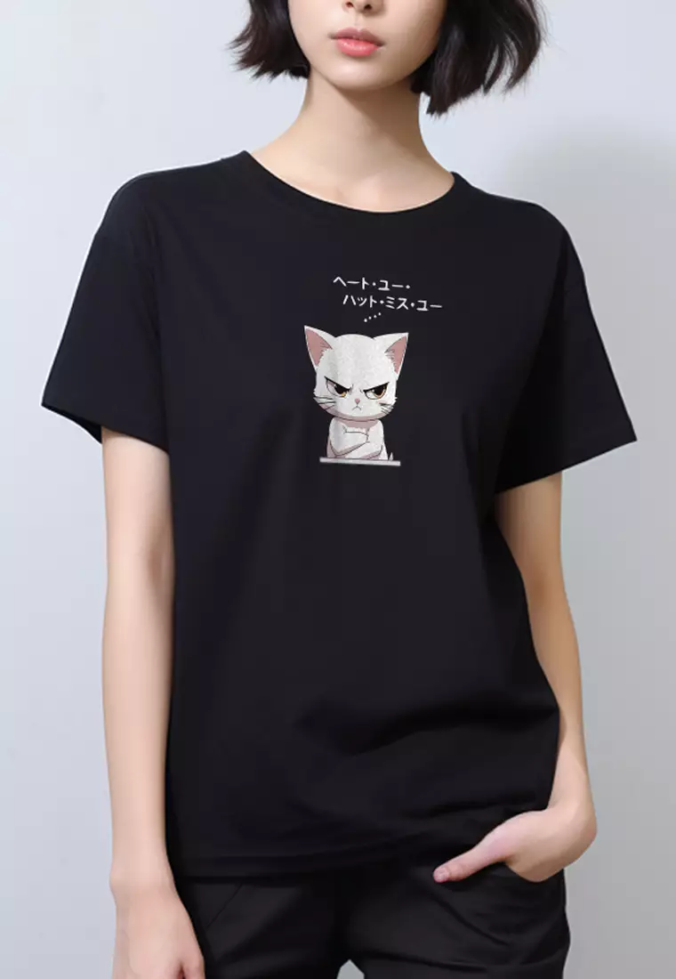 LTG66 Kaos Gambar Kucing Tangan Pendek Wanita Instacool "cat quote" hitam