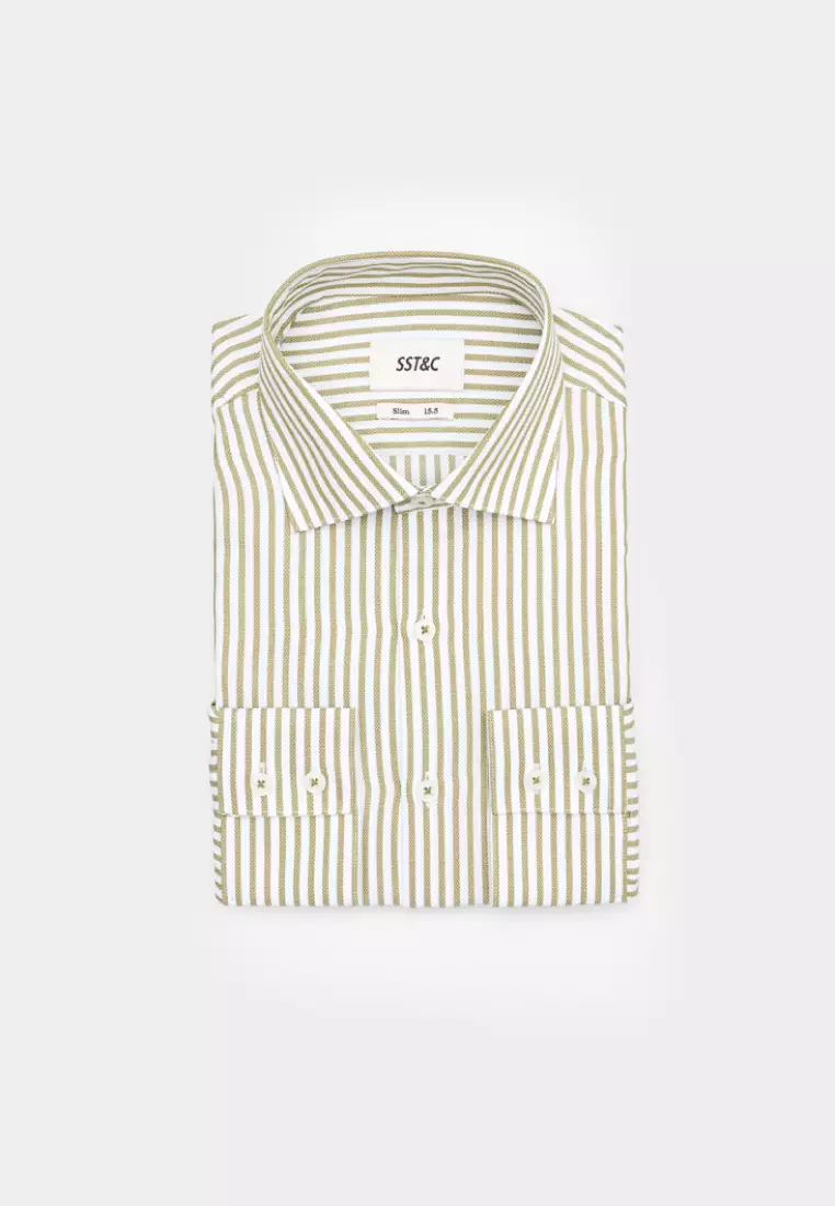 Olive Striped Pattern Slim Fit Shirt
