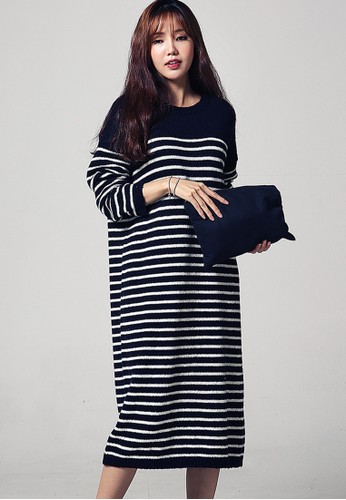  韓風時裝 zalora 鞋評價 條紋針織長連衣裙 G1059, 服飾, 洋裝