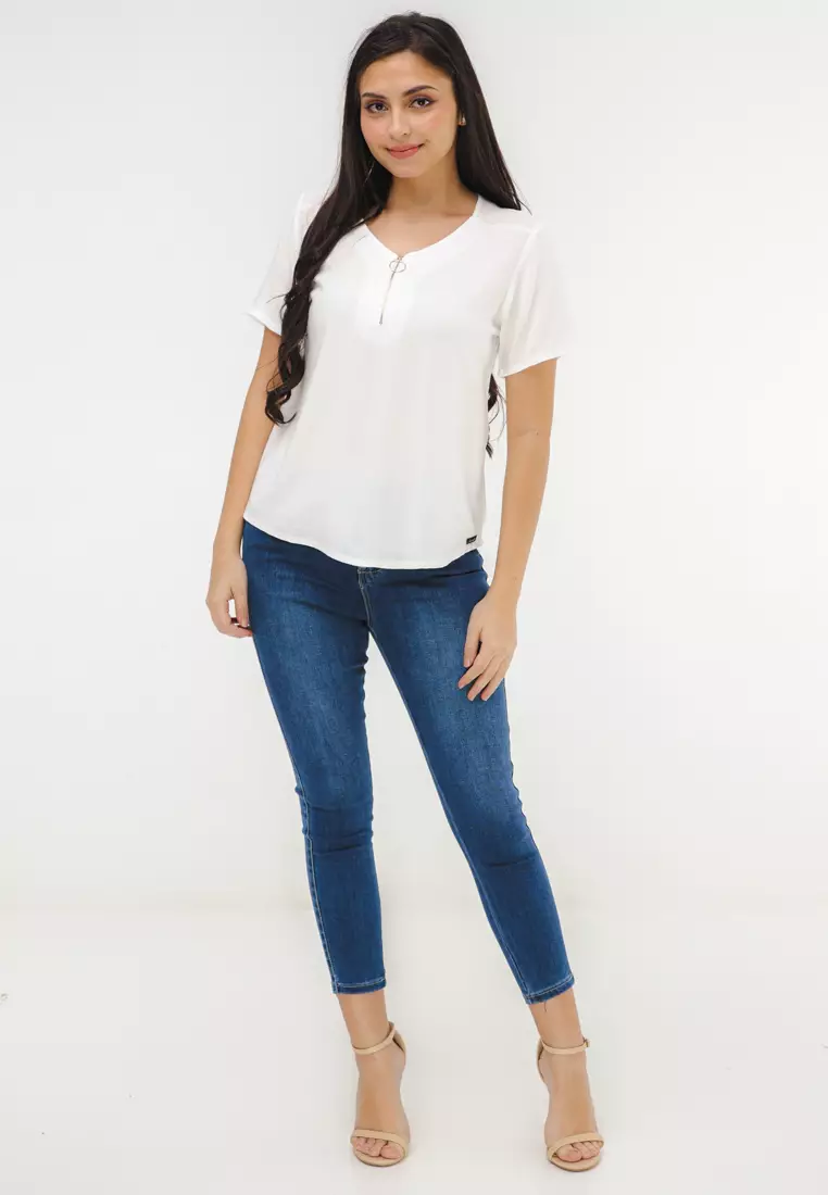 Woven Plain Rayon Short Sleeves Blouse