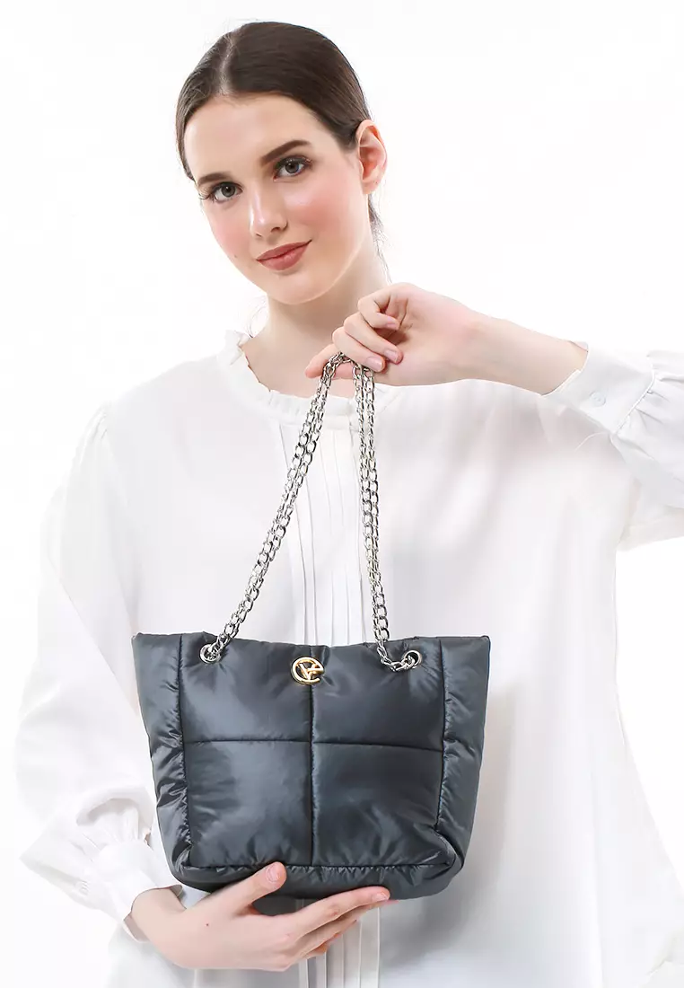 Reina Puffy Bag Two Ropes Smooth Shiny And Plain - DarkGray PVC