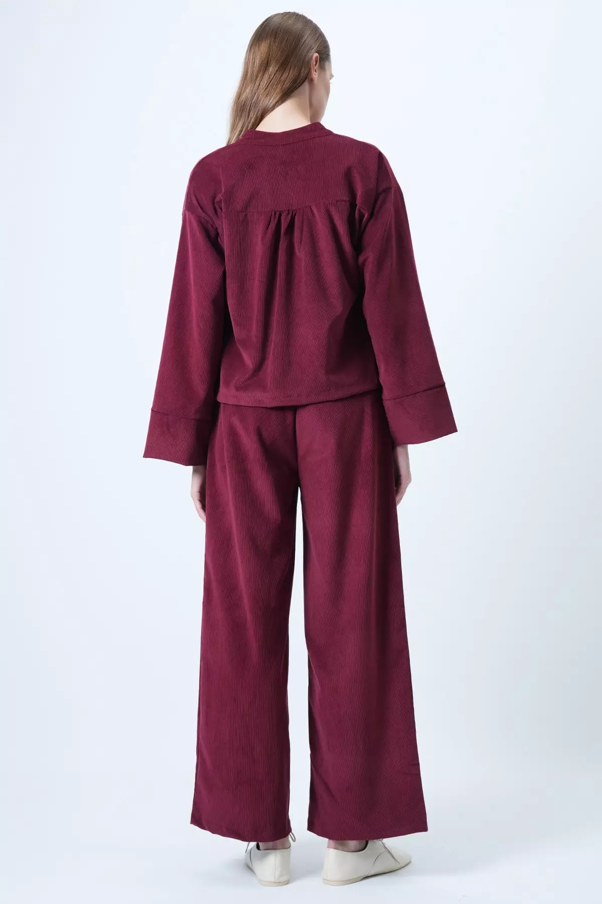 Burgundy Hakim Collar Gold Button Detailed Velvet Jacket And Palazzo Trousers Two-Piece Set Alc-X14633