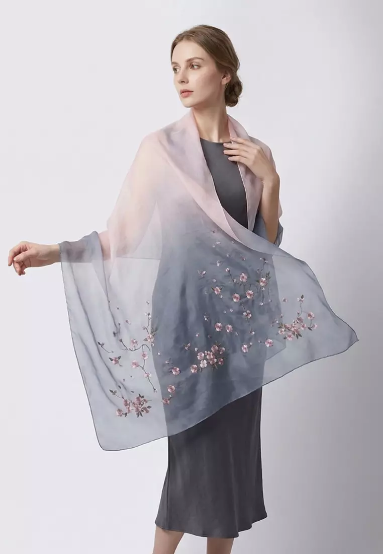Golden Thread Gradient Embroidery Flowery Silk Shawl Syal Sutra Wanita Pink & Grey