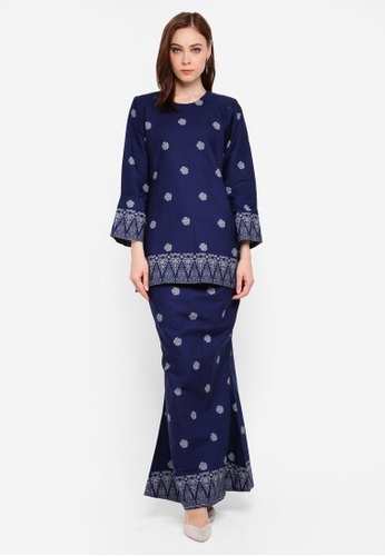 Cotton Modern Kurung With Songket Print (MGlory) from Kasih in Blue and Silver