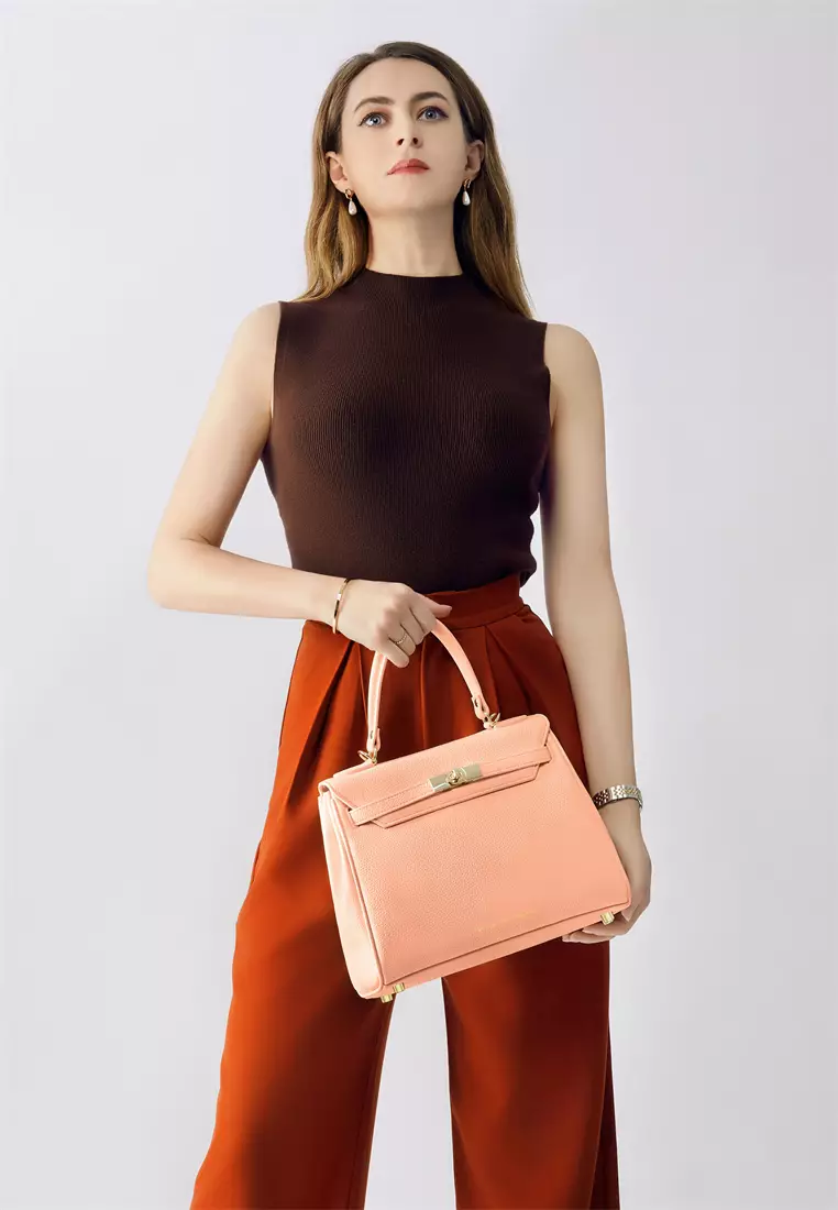 Victoria女士橙色顶柄手提包 带金色五金件