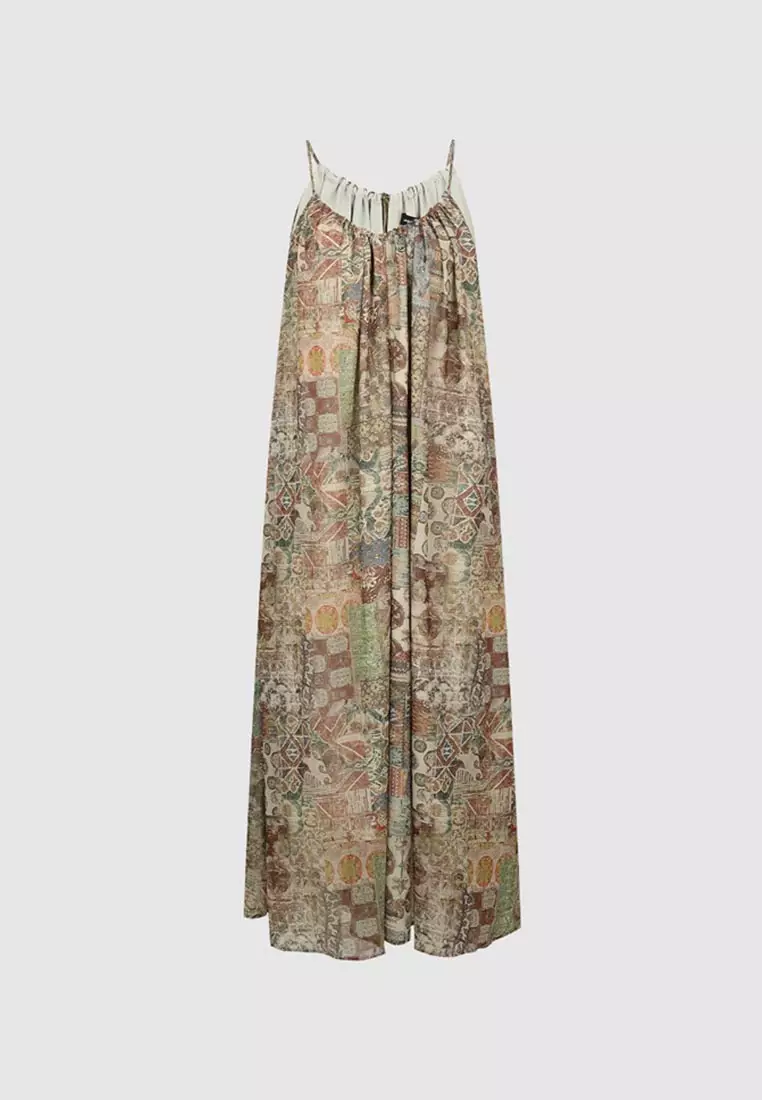 Patchwork Print Midi Dress - Strappy A-Line Slip Sundress