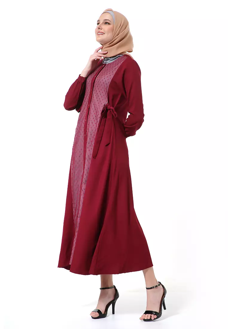 Dilla Long Dress Muslimah Lengan Panjang Relaxed Fit High Quality Premium - Maroon Mix Taupe