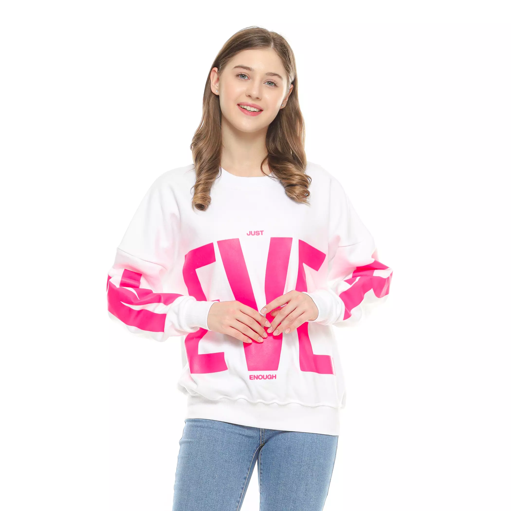 Enough For Today Sweater Oversize Oblong Wanita Big Size Jumbo Crewneck Putih Boxy Never Fuschia