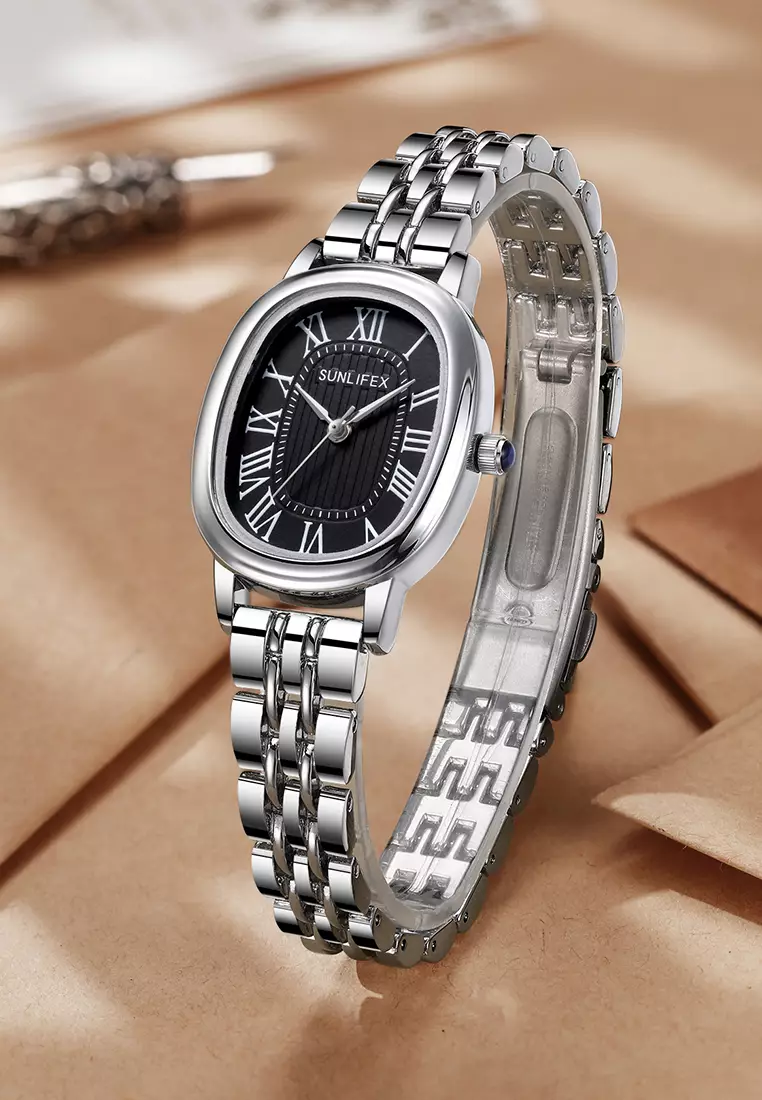 Jam Tangan Wanita Analog Original Korean Tali Rantai Oval Stanless Anti Air Jam Tangan Cewek silverblack